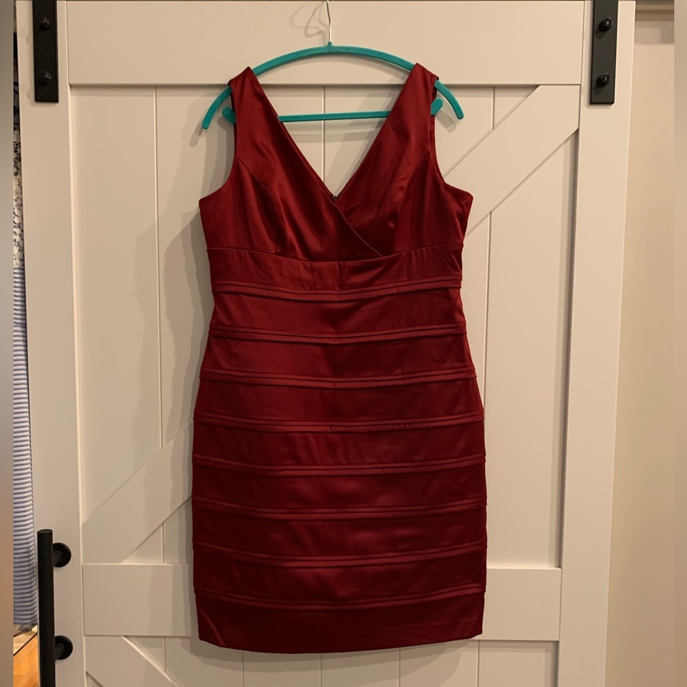 Burgundy stretch satin dress 96%polyester 4% spandex.